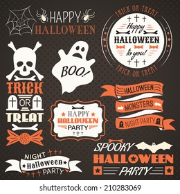 Halloween vintage set - labels, ribbons and other decorative elements. Vector illustration. Black, white and red colors.