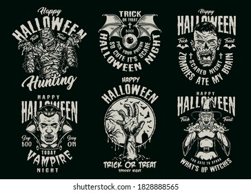 Halloween vintage spooky monochrome badges with zombie head and hand spooky witch mummy vampire human eyeball with bat wings isolated vector illustration