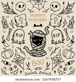 Halloween vintage vector illustration with cute mummy, grave and skull. Symmetrical style graphic. Perfect for a social media post, prints, poster, cover or postcard