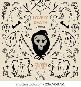 Halloween vintage vector illustration with cute death, scythe and snake. Symmetrical style graphic. Perfect for a social media post, prints, poster, cover or postcard