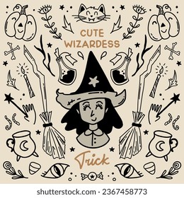 Halloween vintage vector illustration with cute wizardess, broom and wand. Symmetrical style graphic. Perfect for a social media post, prints, poster, cover or postcard