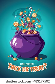 Halloween vintage vector poster. Trick or treat. Magic cauldron and sweets