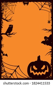 Halloween vintage vertical template with pumpkin owl ghost bat cobweb on orange background vector illustration