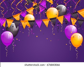 Halloween violet background with multicolored pennants, balloons, streamers and confetti, illustration.