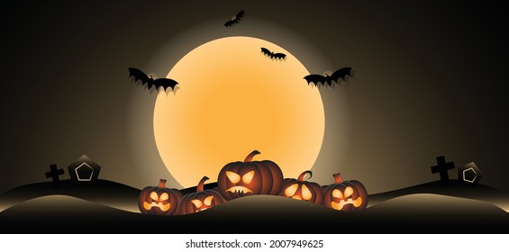 Fondo violeta de Halloween , calabazas y murciélagos con fondo lunar, ilustración de fondo marrón oscuro.