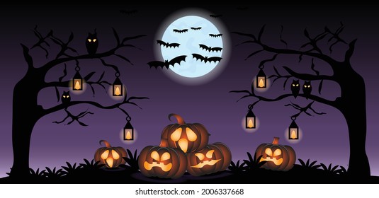 Fondo violeta de Halloween, calabazas y arañas, ilustración de fondo violeta.