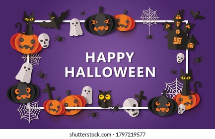 Halloween violet banner and background with frame and decoration of pumpkins and skulls, bats and owls, cats and spiders. Flat paper cut vector illustration for Halloween.