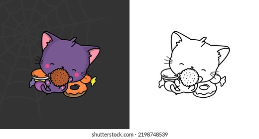 Halloween Violet Cat Clipart Multicolored and Black and White. Beautiful Clip Art Halloween Kitty. Cute Vector Illustration of a Kawaii Halloween Animal with Sweets.
