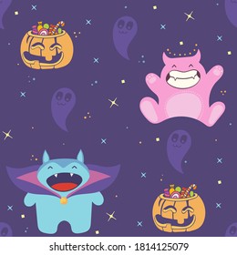 Halloween violet seamless pattern with doodle dracula, davil, ghost, pumpkin with candies and stars. Simple and flat night vector template for halloween decor, wraping gift box
