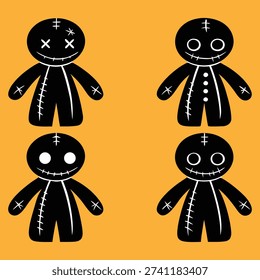 Halloween voodoo doll art pattern with stitched spooky characters, creepy eyes, orange background, gothic decor, eerie handmade design