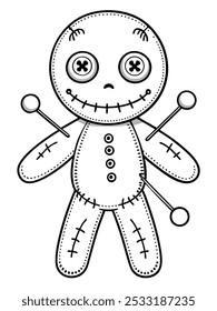 Halloween voodoo doll coloring page with pins and stitches, great for childrens activities