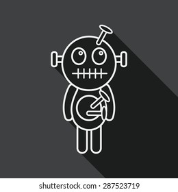 Halloween voodoo doll flat icon with long shadow, line icon