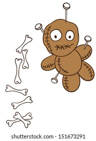 Halloween voodoo doll with needles and bones. Comic.