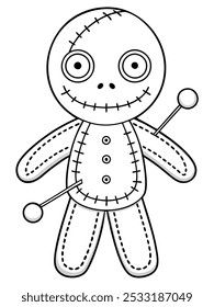 Halloween voodoo doll with stitches and button eyes, perfect for kids' coloring pages