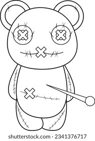 Halloween Voodoo Doll  Teddy Bear  Vector Illustration Coloring Book Pages For Kids And Adult