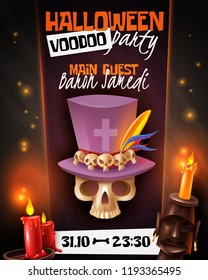 Halloween voodoo party announcement invitation poster with skull in hat mask candles light black background vector illustration 