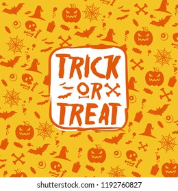 Halloween wallpaper and background of orange Pattern with Pumpkin, Spider Web, Candy, Witch Hat, Skull and Crossbones, bat, poison, eyes. Vector Illustration  grunge style