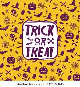 Halloween wallpaper and background of purple Pattern  with Pumpkin, Spider Web, Candy, Witch Hat, Skull and Crossbones, bat, poison, eyes. Vector Illustration  grunge style
