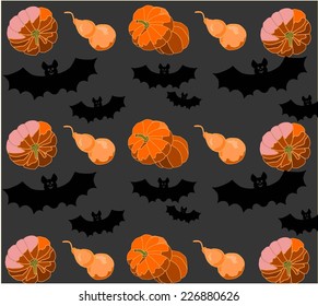 Halloween wallpaper with bats and different types of pumpkins