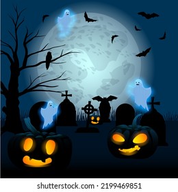 Halloween wallpaper with bats, funny pumpkins, scary ghosts and graveyard