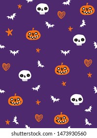 Halloween Wallpaper. Funny Halloween Print with Pumpkins, Bats and Skulls Isolated on a Violet Background. Orange Stars and White Bat Among Skulls and Pumpkins. Halloween Seamless Vector Pattern.