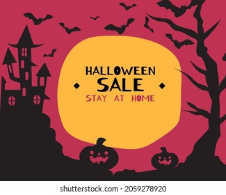 Halloween wallpaper. Pumpkin, bat, castle silhouette with full moon background. vector illustration poster, flyer, instagram post.