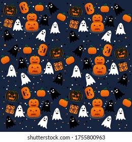 Halloween wallpaper. Pumpkin, ghosts, and presents on dark blue background. Vector graphic in a flat design. Halloween holiday.