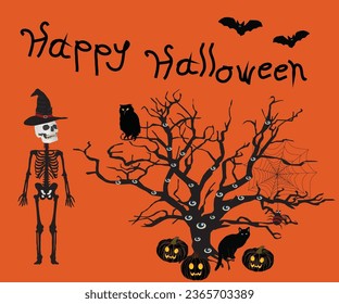 Halloween wallpaper vectors for orange backgroumd with devil dead tree, scary owl, spooky pumpkin, black cat, skeleton, bats and happy halloween text vectors.