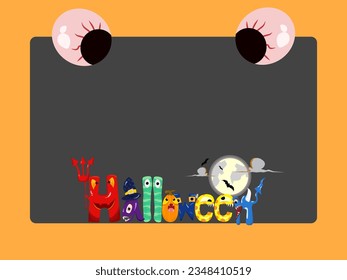 Halloween wallpapers. Decorated with colorful letters in the style of cute ghosts. There is a copy space for design.