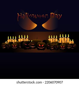 Halloween wallpapers, multiple ghost pumpkins, multiple candles, scary background.