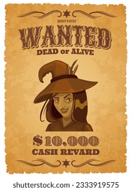 Halloween wanted banner with cartoon witch. Grungy vector parchment with hag wear hat with feathers. Sheriff office announcement for searching dangerous criminal dead or alive, cash reward announce