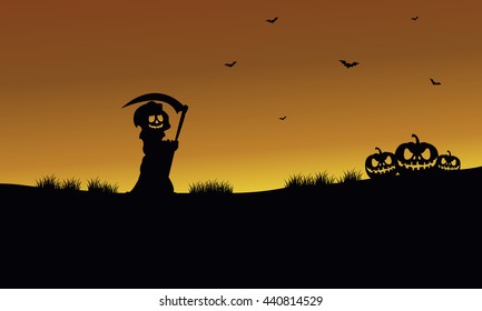 Halloween warlock and pumpkins silhouette at afternoon