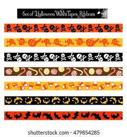 Halloween washi tape scrapbook ribbon items in orange, yellow, black and white colors.