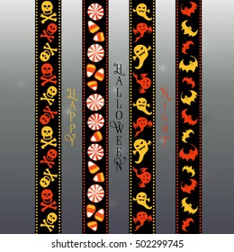 Halloween washi tape scrapbook ribbon items in orange, yellow, black and white colors.