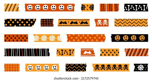 Tiras de cinta washi de Halloween con bordes rotos en patrones naranja y negro. Semitransparente. Perfecto como borde de marco fotográfico, embellecimiento de clipart o de scrapbook. Colores globales usados. Etiquetas de Halloween.