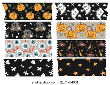 Halloween washi tape strips with torn edges patterns. Halloween labels. Vector illustration