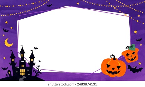 Halloween Watercolor background illustration with copy space featuring pumpkins and a castle