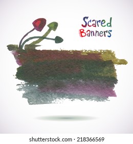 Halloween watercolor banner. Poisonous mushrooms for witches potions. Scary holiday design for poster and web design. Halloween card for message. Watercolor Vector template