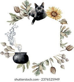 Halloween Watercolor boho floral illustration - flower leaf, witch, black cat wreath frame with circle geometric shape