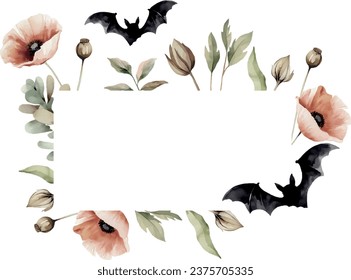 Halloween watercolor frame. Wedding invintation gotick bridal shower. Dried poppies . Halloween holiday illustration.