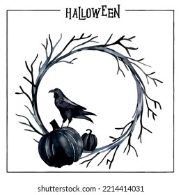 Halloween watercolor illustration with black wreath, raven and pumpkins, darkness and gothic party design