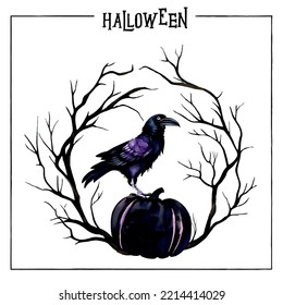 Halloween watercolor illustration with wreath, raven and pumpkin, darkness and gothic party card