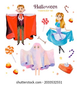 Halloween watercolor set for costume party. Funny children, ghost, dracula, Alice, cute spider and holiday sweets