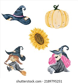 Halloween watercolor . Set of hand drawn watercolour smiling little witch flying on broom, old witch, hat, sunflower, pumpkin isolated on white background. Halloween concept design elements.