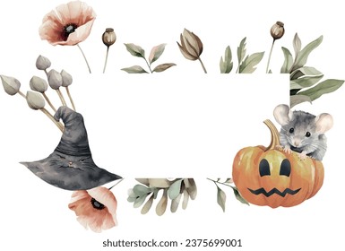 Halloween watercolor vector banner with dried flowers, witch hat, pumpkin, mouse, poppies, spooky gizmos, on white background