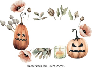 Halloween watercolor vector banner with dried poppies, angry pumpkin, lighting candle, on white background