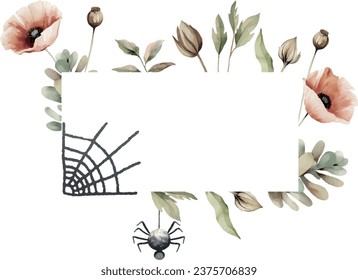 Halloween watercolor vector banner with dried red poppies, spider, spiderweb, spooky gizmos, on white background