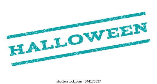 Halloween watermark stamp. Text tag between parallel lines with grunge design style. Rubber seal stamp with dirty texture. Vector cyan color ink imprint on a white background.