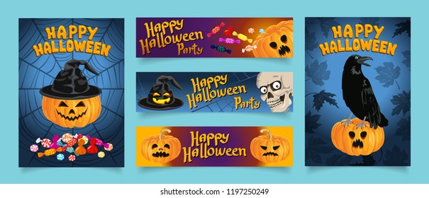 Halloween  web banner set. Vector illustration. Concept for invitation or greeting Cards. Standard size web banner.