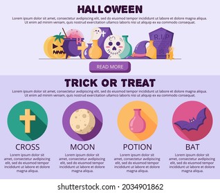 Halloween Web Design Template in a flat style. Vector Illustration of trick or treat for Website Banner and Landing Page. Vector illustration